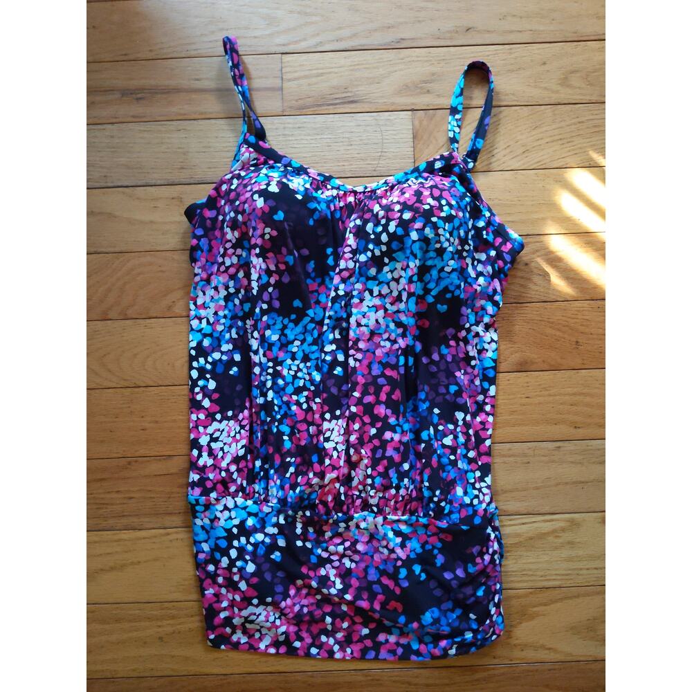 SWIMSUITS FOR ALL Confetti Blue Purple Print Tankini Top Size 12 Built-In Bra